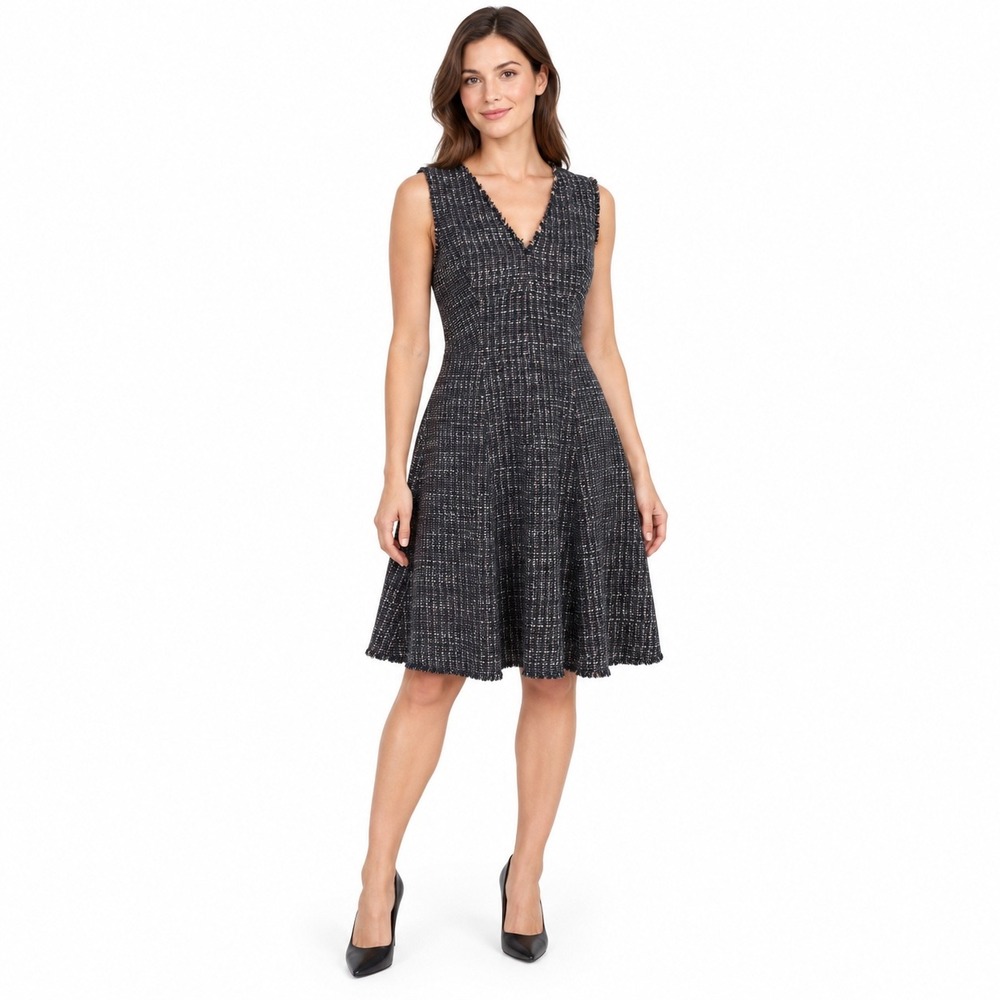 Rebecca Taylor Tweed Fit Flare Dress Size 4 Navy Pink Frayed V-Neck Sleeveless